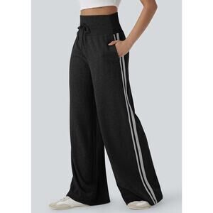 Halara high Waisted Drawstring Wide Leg Stripe Casual Pants Pockets size L NWOT